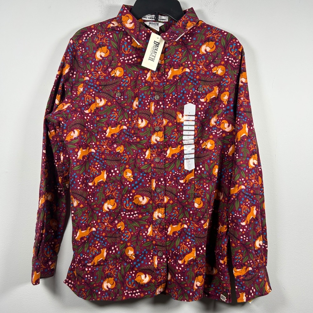 Duluth Trading Co Free Swinging Flannel Shirt Womens L Burgundy Fox Squirrel
